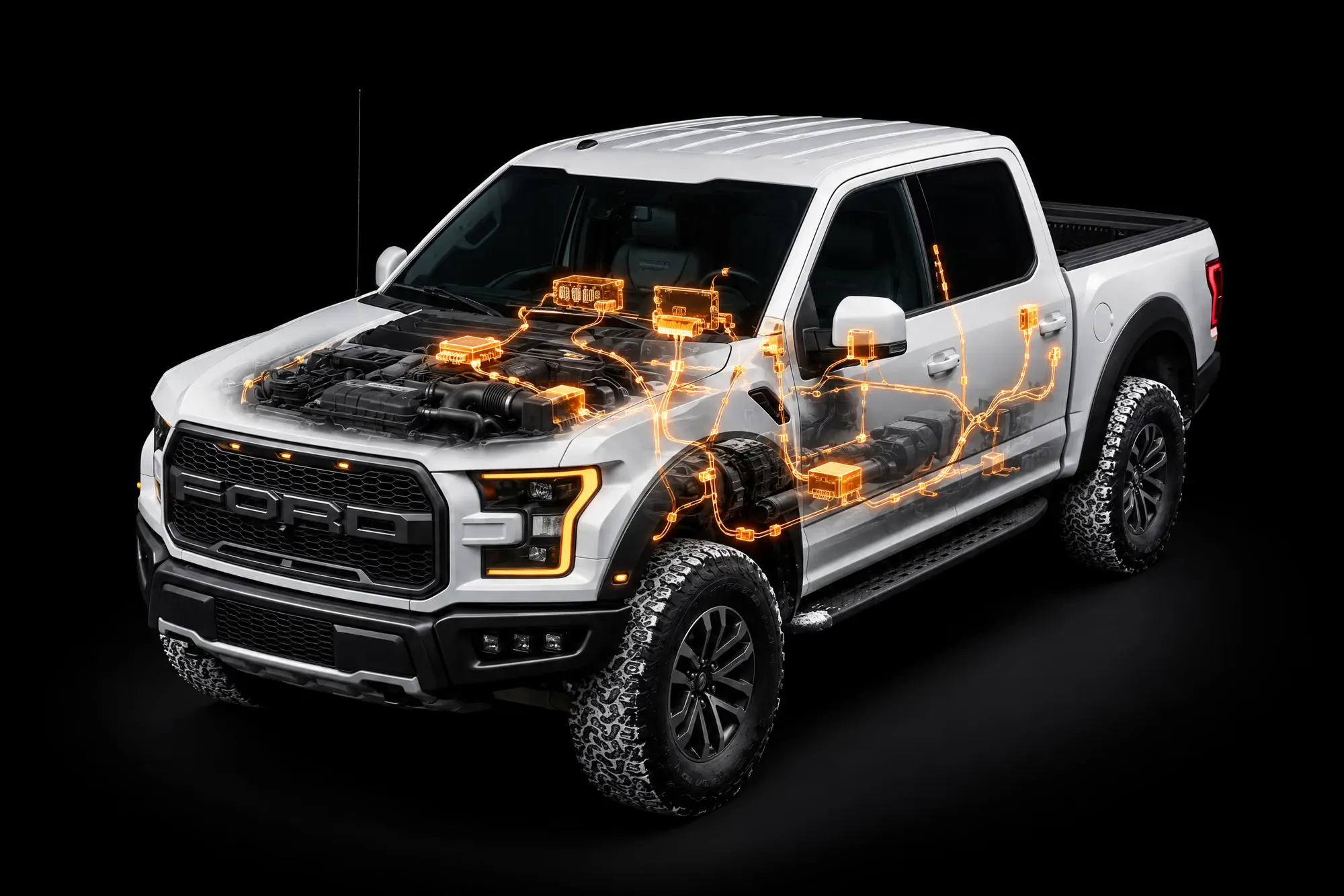 White Ford pickup truck with highlighted electronic control modules and wiring — automotive module repair in Calgary