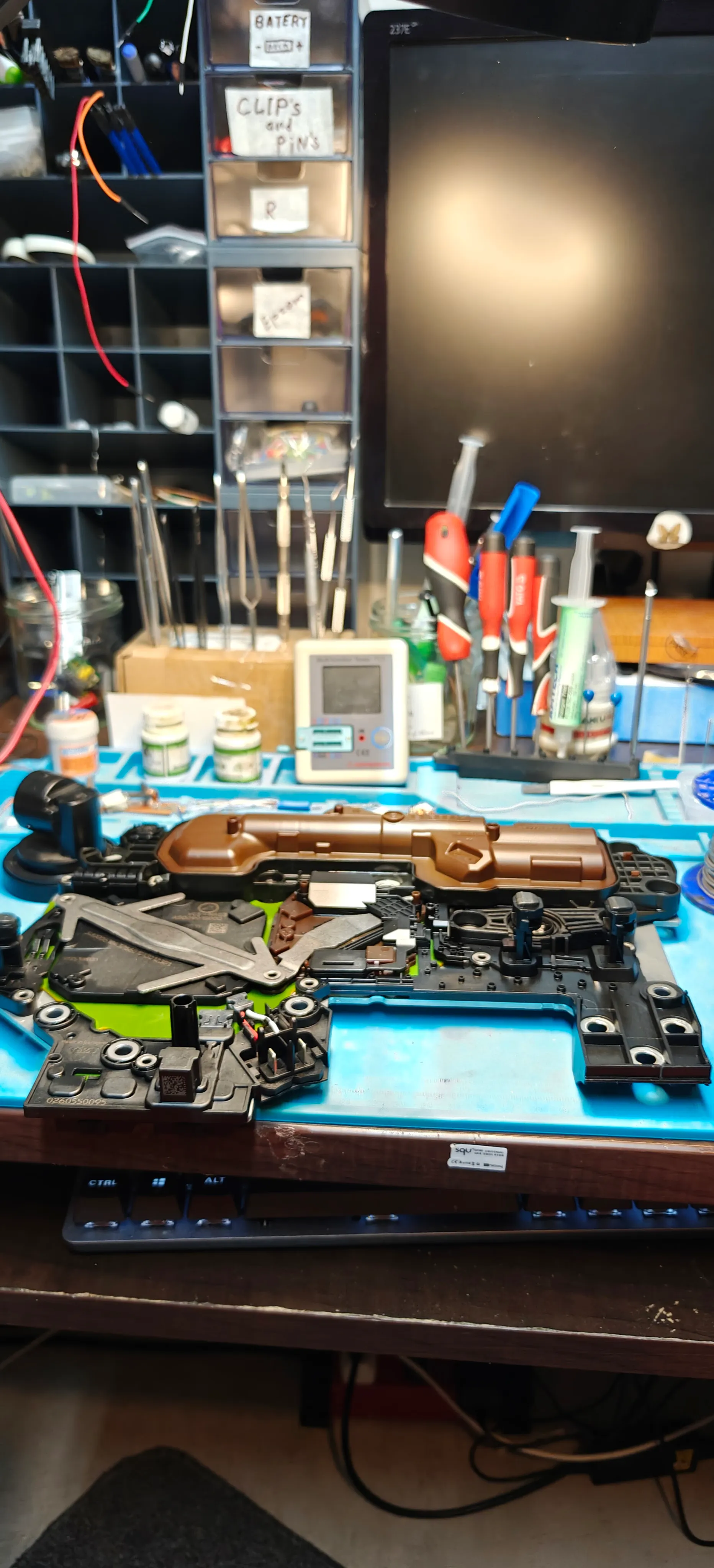 Transmission control module (TCM) on the bench during board-level repair